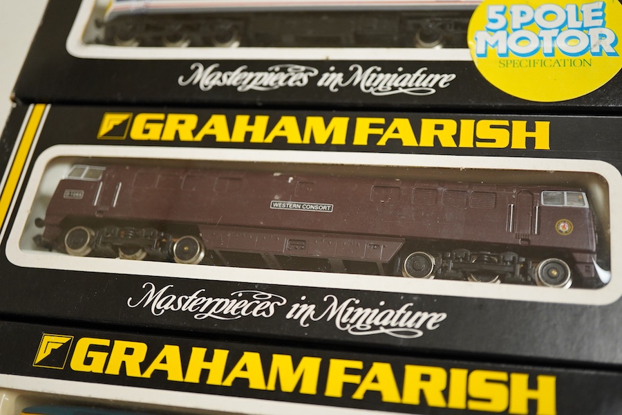 Four boxed Graham Farish N gauge railway diesel locomotives; a Network SouthEast class 50, Superb 50 002 (8408), a BR class 56, 56076 (8055), a BR class 52, Western Gauntlet D1070, (8425) and a BR class 52, Western Conso
